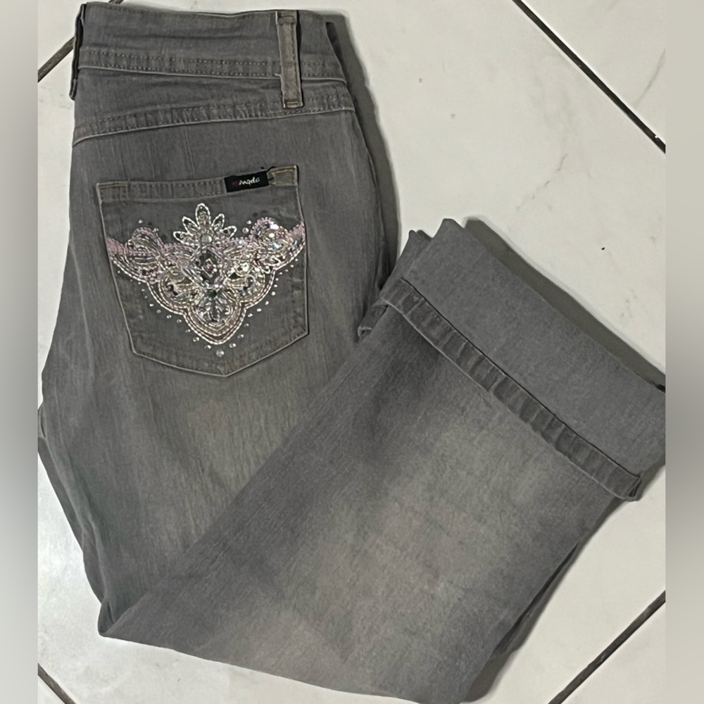 Angels Jeans Stretch Hipster cropped capri grey Denim pink sequin crystal cuff